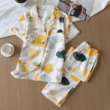 

2PCS Sleep Suit Cotton Gauze Sleepwear Pajamas 2020 Autumn New Women Shirt&Pants Casual Print Flower Kimono Gown Soft Nightwear