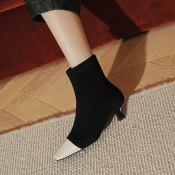 

Genuine Leather 4.5cm High Heels boots patchwork square Toe Handmade Shoes For Women Wedding dress Shoes Woman