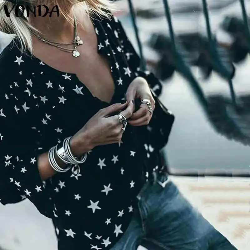 

VONDA 2019 Woman Blouse Fashion Dot Printed Sexy V Neck Long Sleeve Shirts Casual Loose Bohemian Blusas Tank Tops Tunic S-5XL