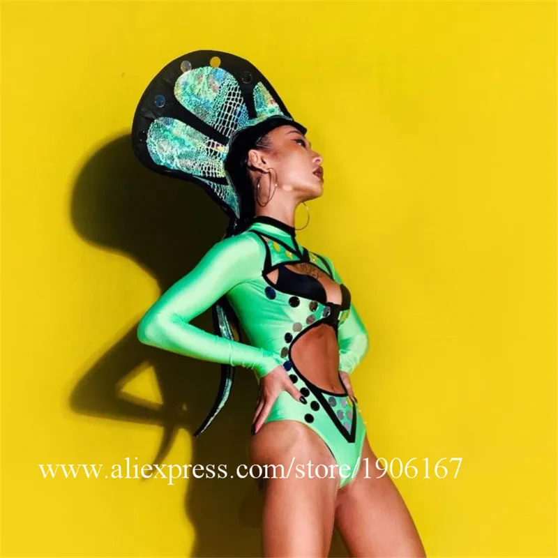 

Sexy Lady Party Evening Dance Suit With Headwear DS Stage Performance Fluorescent Siamese Mirror Cobra Clothes Snake Costume