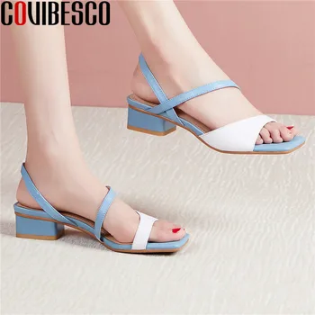 

COVIBESCO Women New Arrival Buckle Genuine Leather Square Toe Thick Heel Top Quality Party Pumps Sandals High Heels Shoes Woman