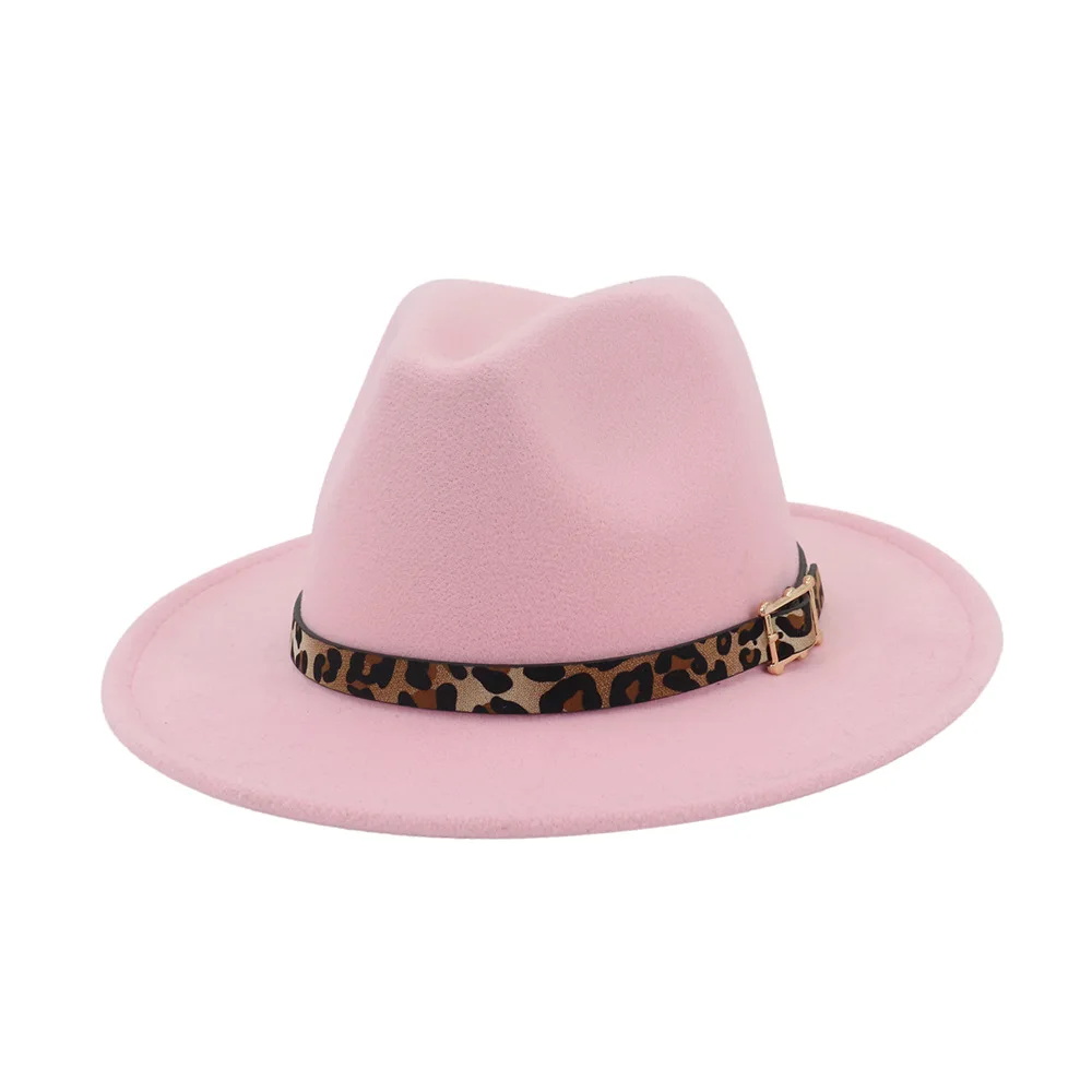 Осенняя и зимняя леопардовая шляпа с полями, дорожная шляпа-федора, джазовая шляпа, Панамы для женщин и девушек 26 - Цвет: Розовый