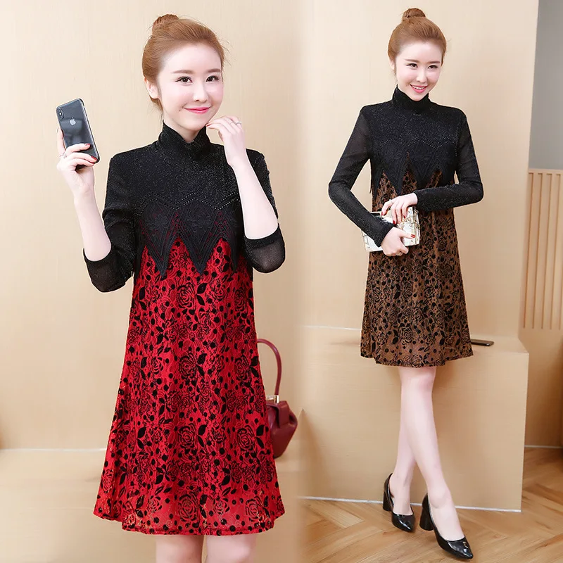 

Photo Shoot 2019 Spring New Style Korean-style Large Size Dress Lace Joint Versatile Slimming Long-sleeved Dress
