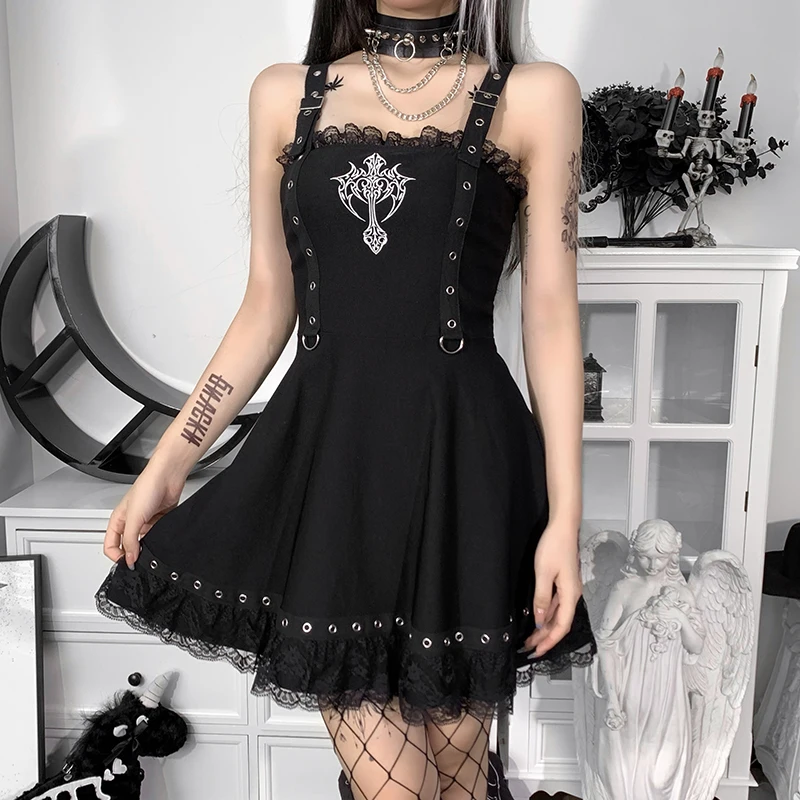 DEWADBOW-vestido Vintage de terciopelo y para minivestido Sexy gótico negro con tirantes finos, estilo Punk Street - AliExpress Ropa de mujer