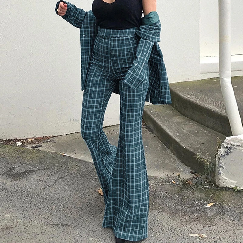 Vintage 80s Gingham acampanados azul a cuadros de cintura de longitud completa pantalones de Mujer Pantalones trajes/|Pantalones pantalones capri| - AliExpress