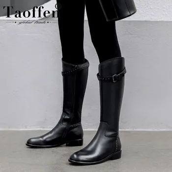 

Taoffen Women Real Leather Rivets Buckle Knee High Boots Flats Sexy Office Knight Boots Daily Party Outdoor Footwear Size 34-43