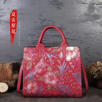 

Women's Messenger Bag Pu Retro Women's Bag Solid Color Embossed Bucket Bag Ladies Hand Bill of Lading Shoulder Messenger Bag