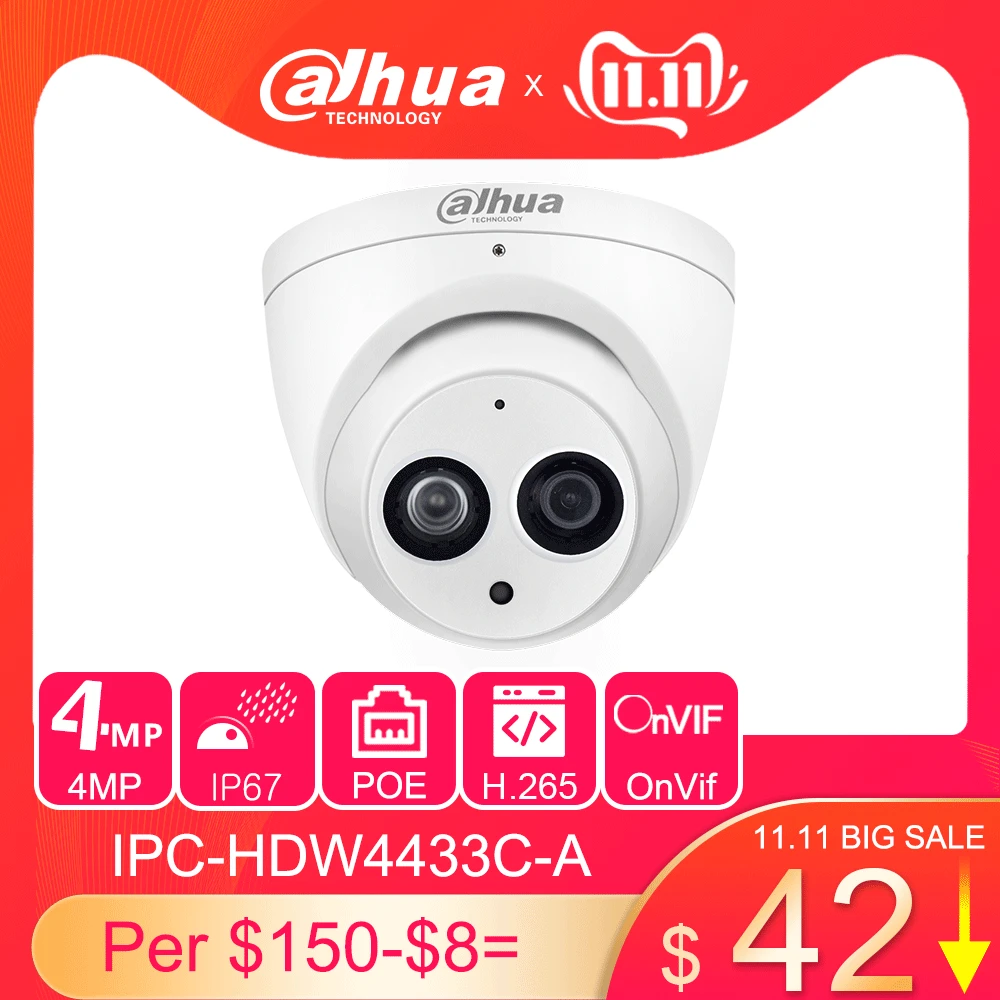  Dahua IPC-HDW4433C-A 4MP HD POE Network Starnight IR Mini Dome IP Camera Built-in MiC Onvif CCTV Ca