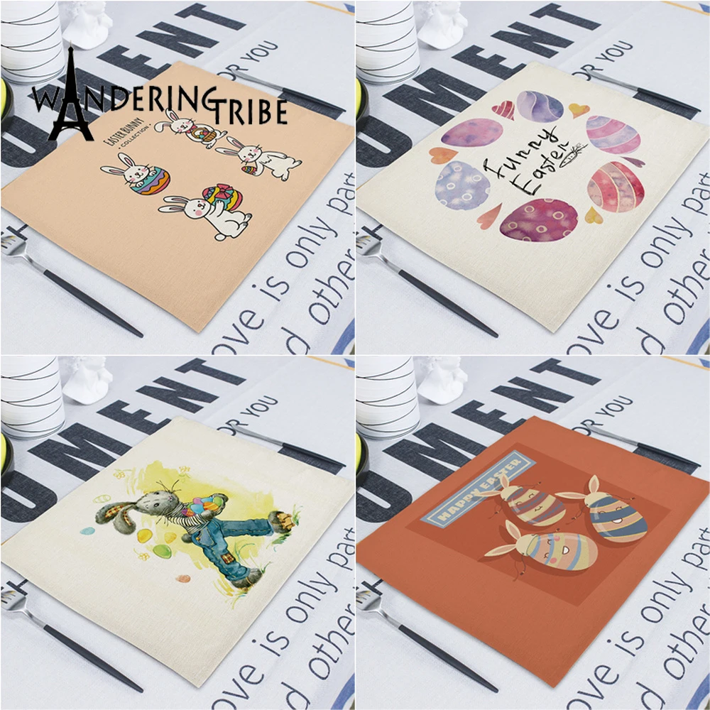 

Cute Rabbit Linen Table Mat Happy Easter Home Placemats Cartoon Animal Kitchen Dining Placemat Pads Napkins Set De Table Napkin