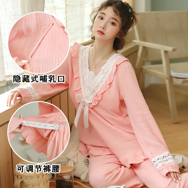 Rebobinar deseable barril Pijamas de maternidad de gasa fina para mujeres embarazadas, ropa de dormir  100% de algodón, dulce, a la moda, de verano y otoño - AliExpress Madre y  niños