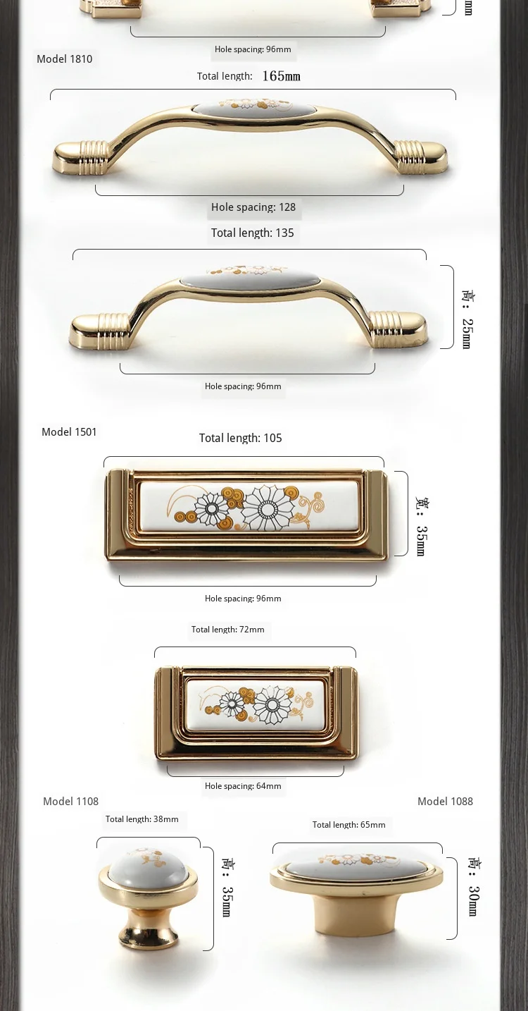 JD European Cabinet Wardrobe Door Single Hole Handle Gold Ceramic Handle Modern American Flower Pattern Drawer Furniture Handle