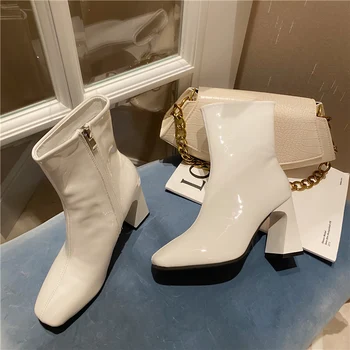 

2020 New Luxury Women Patent Leather Ankle Boots Winter Warm Fur Spuare Toe Red White Block High Heels Martin Boots Female Botas