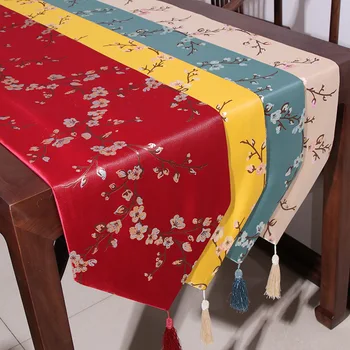 

New Style Modern Chinese Style Table Runner Simple Strip Plant Flowers Wallpapers Soft Loading Fabric Tablecloth Plum chuang wei