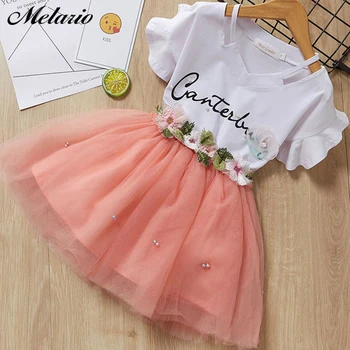 

Melario Summer Girls Dress Print Leopard Cake Dress 2 Pieces Suit Kids Basic T Shirt Letter Casual Girls Clothing Suit Vestidos