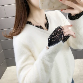 

2020 OHCLOTHING 15428 hall, row 1, No. 3] actual photo of new mink like V-neck lace splicing knitwear 55