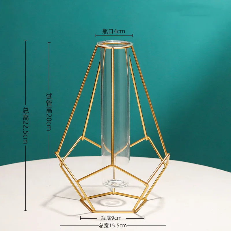 Nordic Simple Golden Glass Vase Hydroponic Plant Flower Vase Iron Geometric Glass Test Tube Metal Plant Holder Modern Home Decor 6