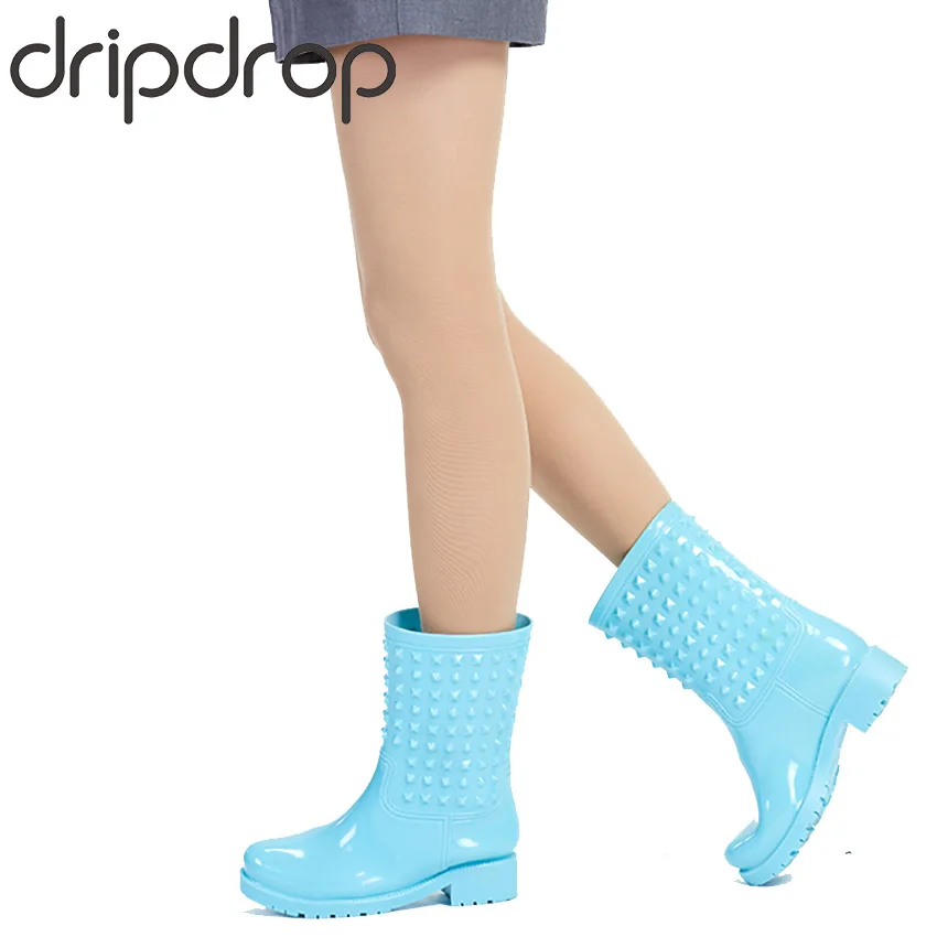 DRIPDROP Rubber Rain Boots Fashion Women Rivets Colorful Rain Boots Non-slip Girls Waterproof Rain Shoes