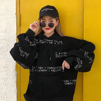 

Hoody Korean Style Casual Letter Print Women's Hoodie Fashion Loose Long-sleeved Plus Size Simple Hooded Pullover Black White.w