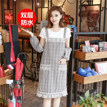 

Apron Korean fashion household double cooking kitchen waterproof oil proof women's work clothes thickened lace manicure apron