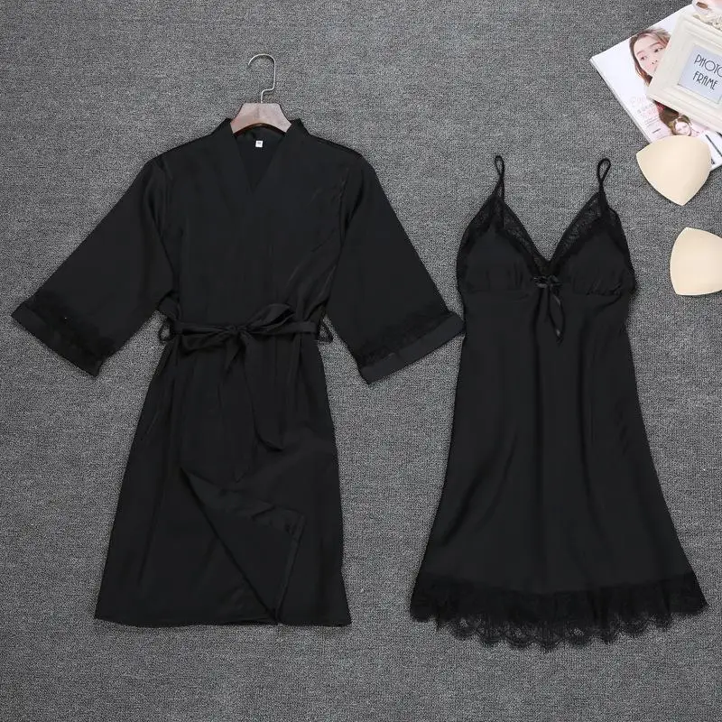 Сексуальный женский ночной халат, топ на бретельках, Пижамный костюм, летний комплект из двух предметов, одежда для сна, Повседневная Домашняя одежда, ночное кимоно, банное платье - Цвет: Black - C