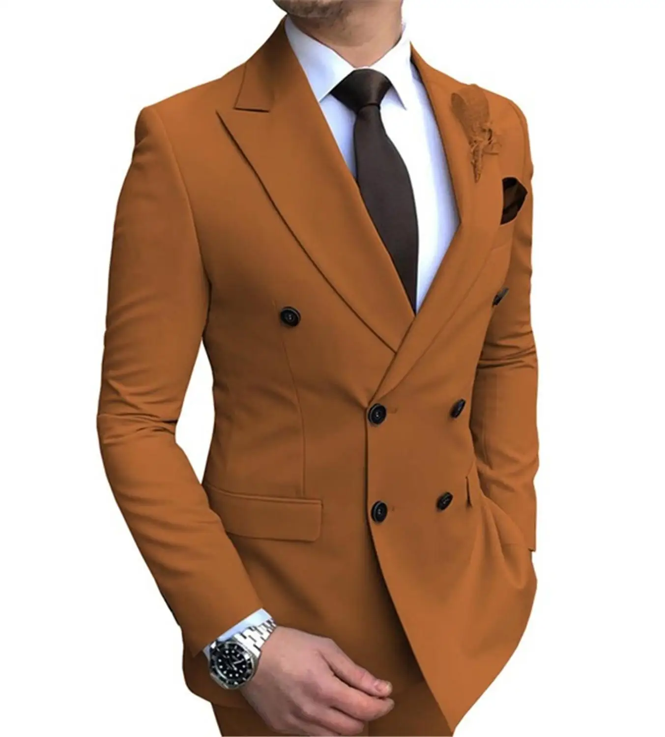 New 1 piece Men's blazer suit jacket Slim Fit Double-Breasted Notch Lapel Blazer Jacket for Wedding Groom - Цвет: Brown