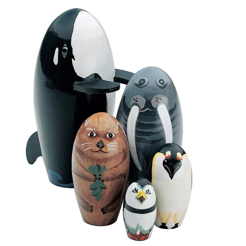 5Pcs/Set Wooden Whale Penguin Animal Matryoshka Nesting Dolls Figurines Kids Toy