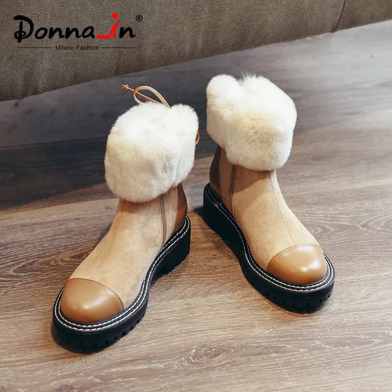 

Donna-in Genuine Leather Women Snow Boots Fur Platform Heels Winter Thick Plush Round Toe Ankle Boots Zip Cross tied Shoes Woman