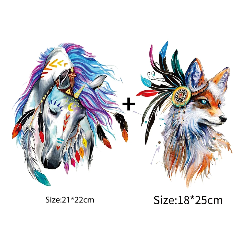 Animal Feather Patches Iron On Stickers T-shirts Lion Wolf Horse