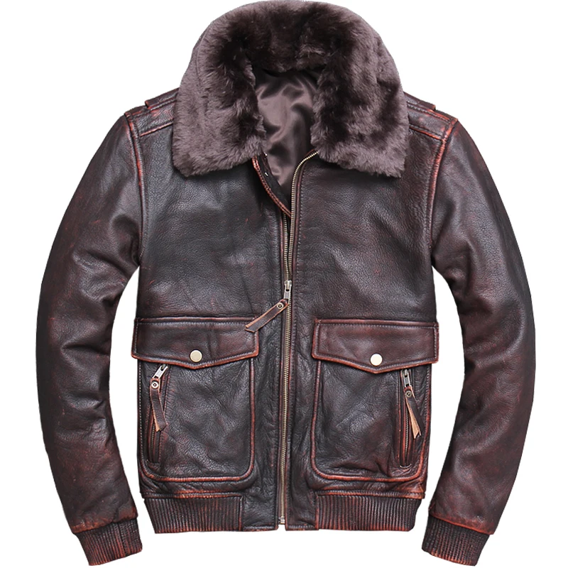 

2020 Vintage Brown Men UASF Pilot Leather Jacket Large Size 5XL Wool Collar Genuine Thick Cowhide Winter Military Aviator Coat