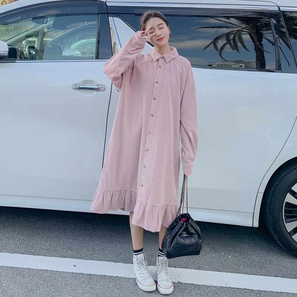 

Photo Shoot 2019 Spring Korean-style New Style WOMEN'S Dress Retro CHIC-Style Loose-Fit Shirt Dress Corduroy Fishtail Dress