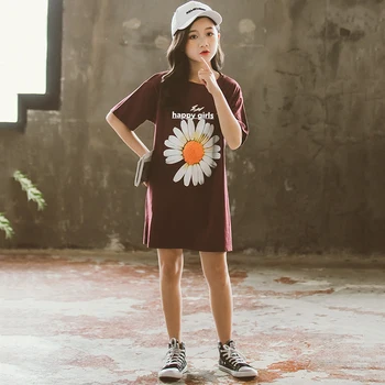 

New 2020 Summer Girls Clothing Kids and Teen Girls Cute Flower Printing Casual Dresses Korean Style Loose T-shirt Dress, #8701
