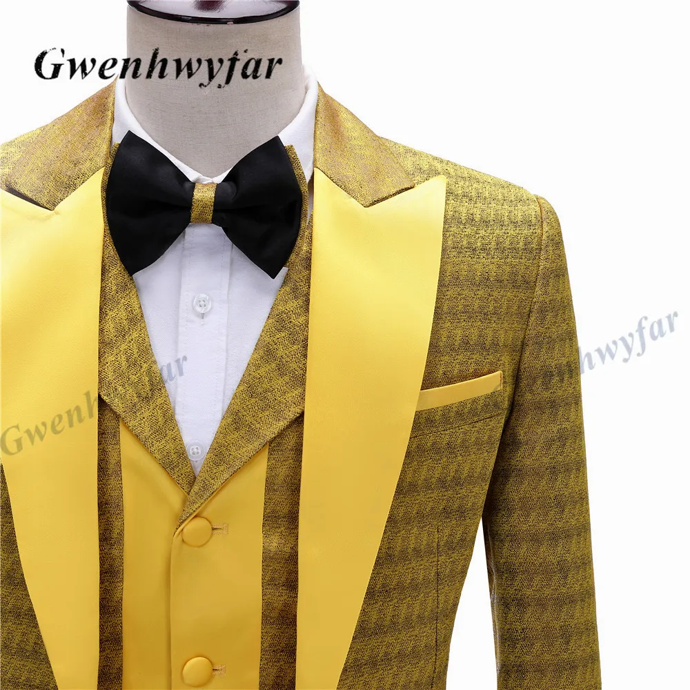 Gold Straw Pattern Costume Homme Mariage Groom Men Suit Slim Fit Man Tuxedo Bridegroom Wedding Suits 3 Pieces