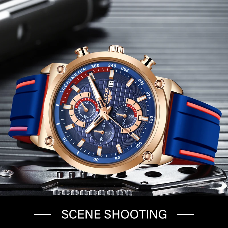 New Top Fashion Chronograph Quartz Men Watches Lige Silicone Strap Date Wristwatch Clock Male Lumin-2