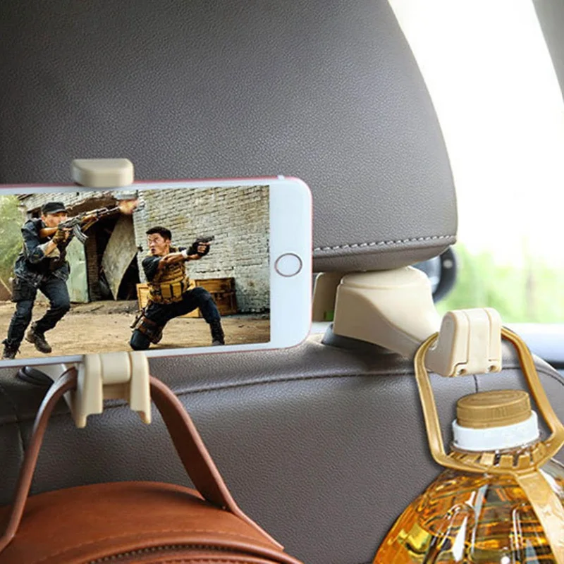 

1pc Car Headrest Hook with Phone Holder Seat Back Hanger 2 in 1 for Bag Handbag Purse Grocery Cloth Foldble Clips