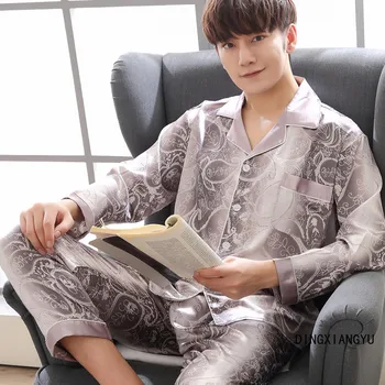 

Pajamas Men's Spring and Autumn Silk Pajamas Men's Long-Sleeve Suit Ice Silk Large Size Thin Couple Home Wear Suit XIANGYU