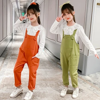 

4-13 Years Children Autumn Fashion Clothing Sets Long Sleeve T-Shirt and Solid Suspender Pants Casual Girls Coctumes