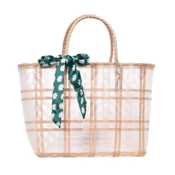 

Summer Beach Translucence Plastic Braided Handbag for Women Korean 2020 Fashion Ribbons Straw Wicker Crochet Top-handle Tote Bag
