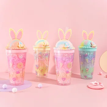 

480ml Cartoon Cute Rabbit Ice Cup Summer Broken Ice Cup Casual Student Water Cup Creative Cute Cartoon Straw Ice Cup