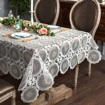 

Korean Rustic Rectangular Tablecloth Lace White Embroidery Square Home Decor Cutwork Dining Coffee TV Table Cover Dustproof