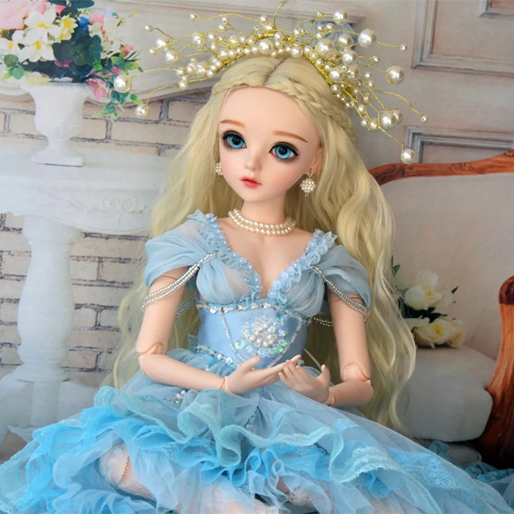 BJD 60 см куклы для девочек голубые глаза кукла-Невеста белое свадебное платье ручной работы красивые игрушки силиконовые длинные вьющиеся волосы кукла рождественский подарок - Цвет: Pearl headwear blue
