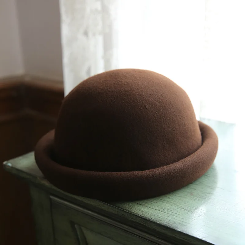 

Retro British Black Fedoras Small Dome Cap Pure Australia Woolen Fall/Winter Hat For Women Curled Dome Bowknot Cap Casual Wear