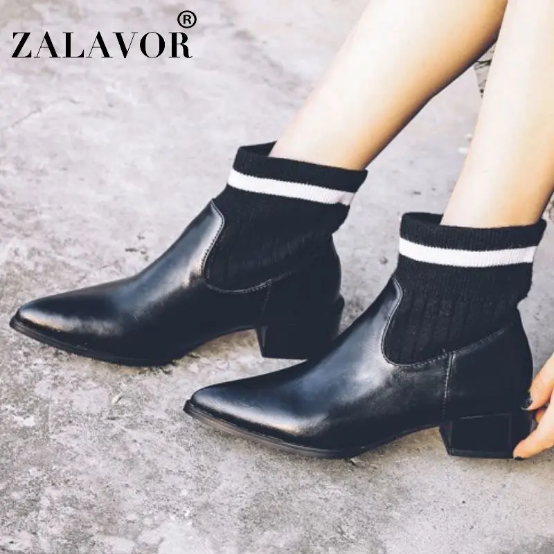 

ZALAVOR Plus Size 33-47 Winter Ankle Boots For Women Fashion Elastic Knitted Low Heel Boots Sexy Pointed Toe Office Shoes Women