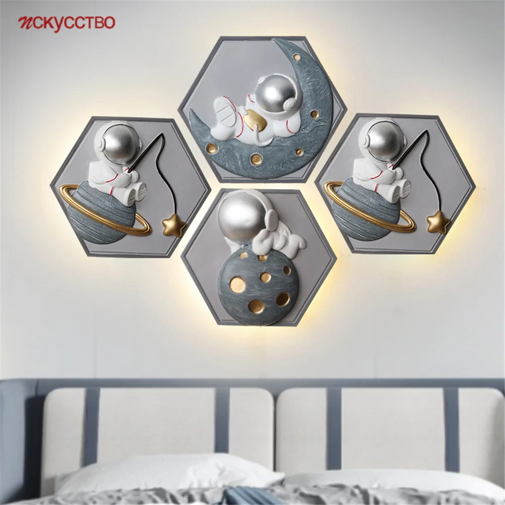 

Cartoon Children Hexagon Decoration Astronaut Led Wall Lamp Kids Bedroom Study Kindergarten Foyer Night Lights Hallway Sconce