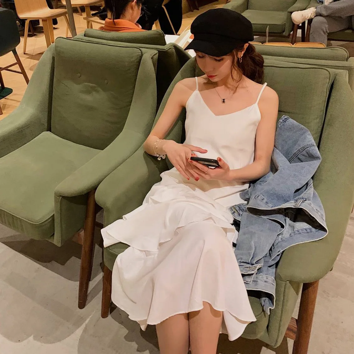 

Photo Shoot CHIC Vacation Style White Mid-length Loose-Fit Laziness Camisole V-neck Flounced Fairy Cake Dress