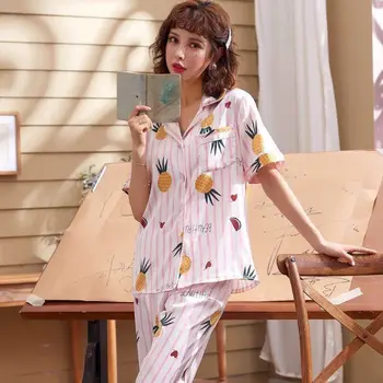 

Satin Women Short Sleeve Pants Pajamas Ice Silk Two-piece Breathable Lapel Outwear Pyjamas