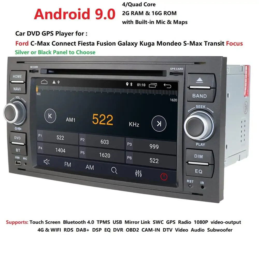 Discount 7"IPS Touch Screen Android 9.0 Car DVD Player For Ford Focus Transit Kuga Wifi Wifi 3G GPS Radio Steering wheel Free Camera+DVR 2