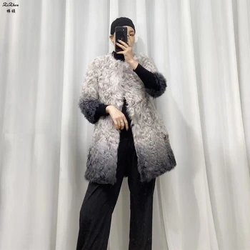 

ZiZhen Real Lamb Fur Coat Gradient Color O-Neck Woman Slim Fur Overcoat Anti-Season Promotion Free Shipping Weizhen0509-1