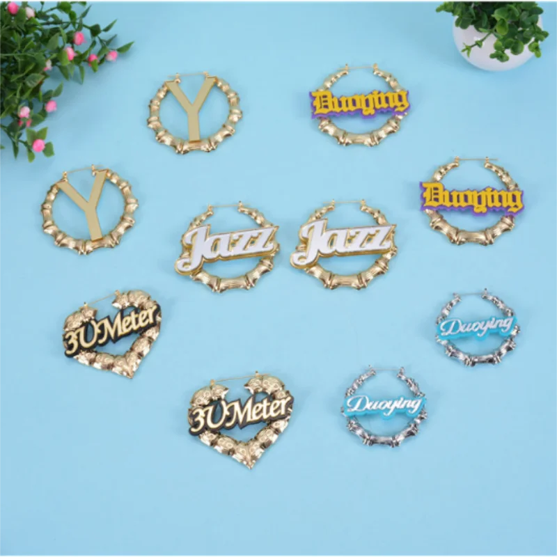DUOYING Fashion Name Earring Bamboo Hoop Earrings Sexy Custom Earring Personalized Gold Round Earring Statement for Women Gifts