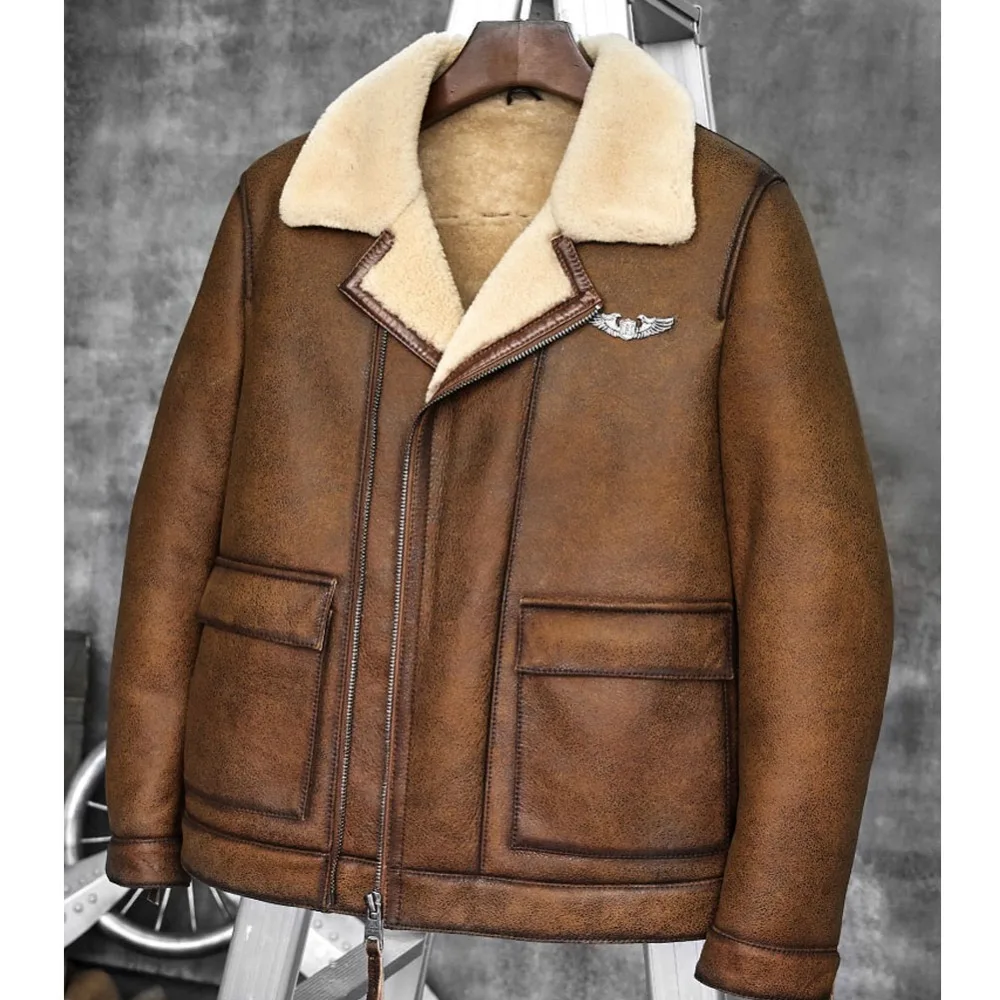 Овчина Авиатор Куртка бомбер пальто Мужская B-6 шуба куртка кожа натуральная шерсть мех толстый мужской пальто зима