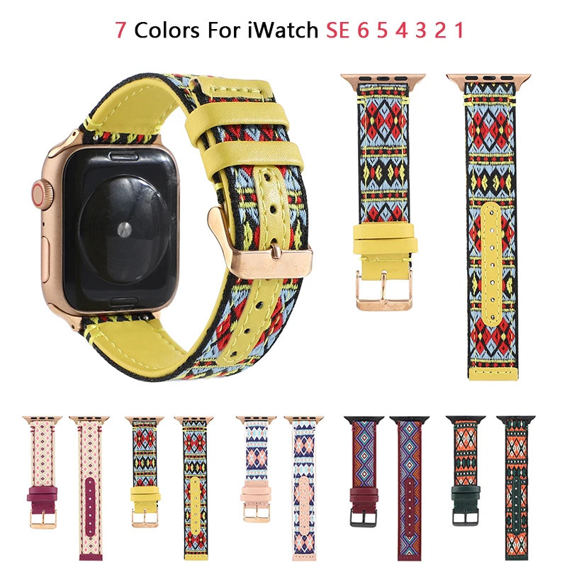 Кожаный ремешок в этническом стиле для Apple Watch Band SE 6 5 40 мм 44 ремешки iWatch Series 4 3 38 42